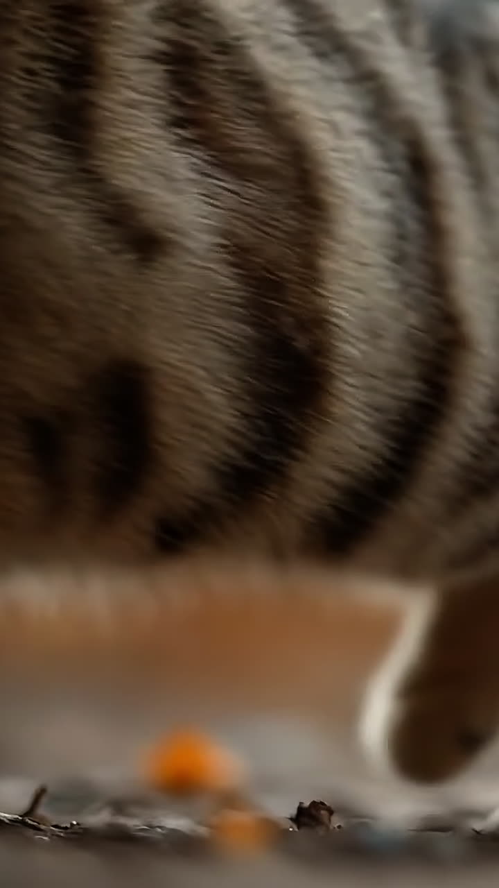 Cat outdoors in fall leaves. A curious striped cat moves stealthily through colorful autumn leaves, enjoying its outdoor adventure.