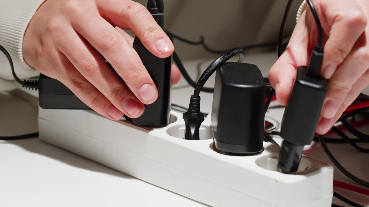 Hands Plugging in Chargers into Power Strip