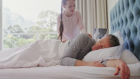 girl waking up her father 4k