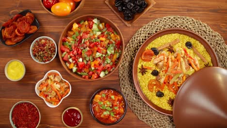 moroccan cuisine top view. tajine, traditional dish made of lamb and eggplant, vegetable salad. middle eastern culture. couscous with mutton close-up, delicious rice. homemade food.