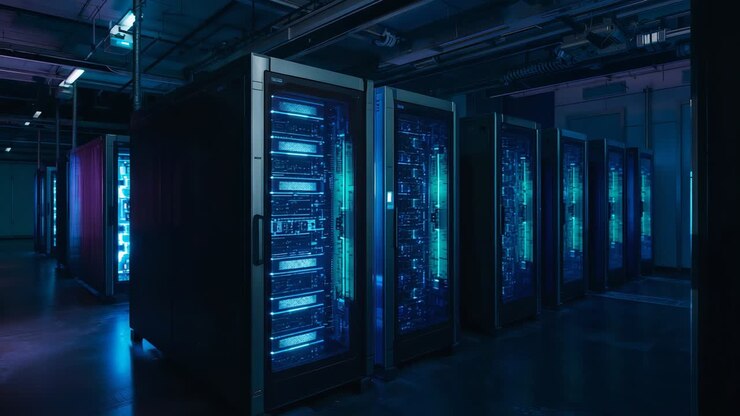 Tracking camera gliding through data center aisle, featuring rack-mounted servers and LED panels