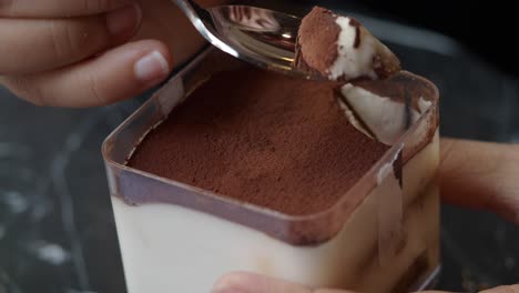 close-up of hands enjoying a tiramisu dessert