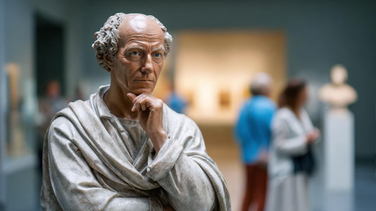 A Thoughtful Statue in a Museum Displays Artistic Craftsmanship Amidst Visitors Engaged in Culture and History, Highlighting the Beauty of Sculpture and Creativity