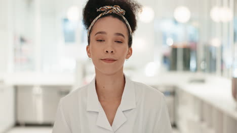 face, chef and serious woman in kitchen