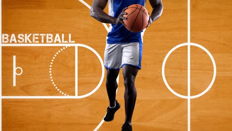 Animation-Eines-Basketballspielers-Mit-Ball-Auf-Dem-Hintergrund-Des-Basketballplatzes