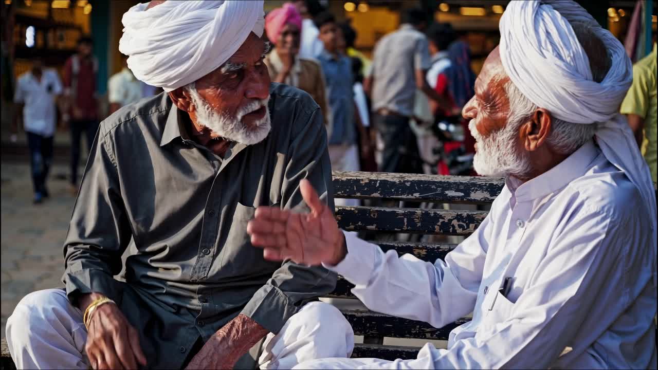Two elderly men in traditional attire engage in animated conversation on a bench