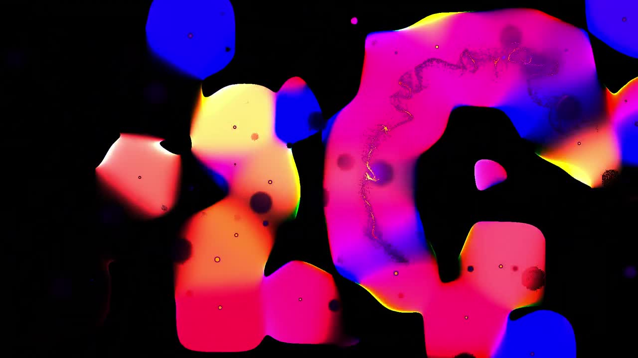 Animation of pulsating yellow, pink and blue glowing forms moving on black background