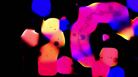 Animation-of-pulsating-yellow,-pink-and-blue-glowing-forms-moving-on-black-background