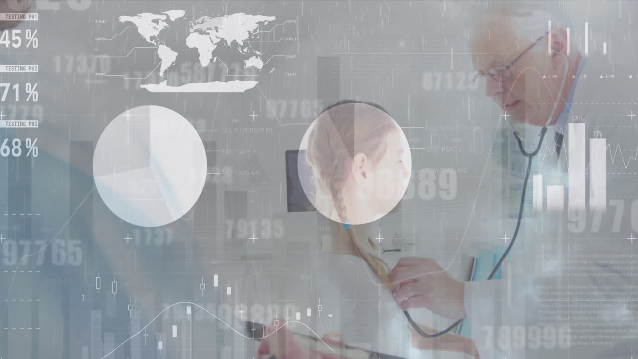 백인 남성 의사와 환자에 대한 데이터 처리 애니메이션