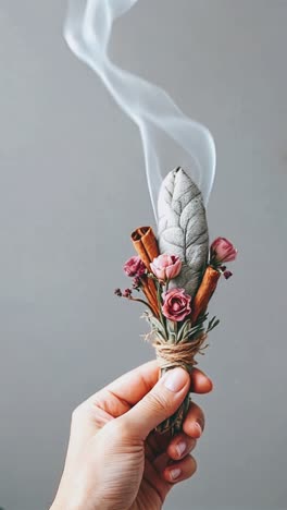 hand-held smudge stick with flowers and cinnamon