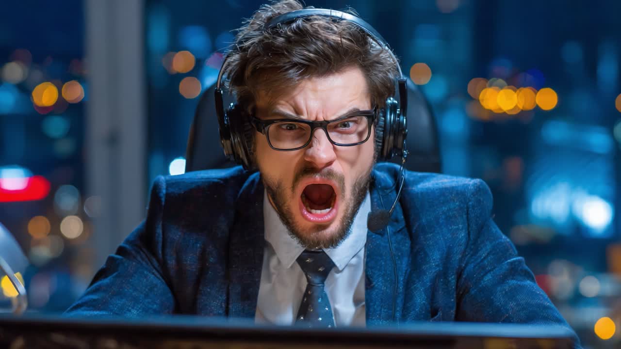 Frustration at Its Peak: A Young Professional in a Suit, Wearing Headphones, Expressing Intense Emotion While Engaged in an Exciting Online Competition Late at Night