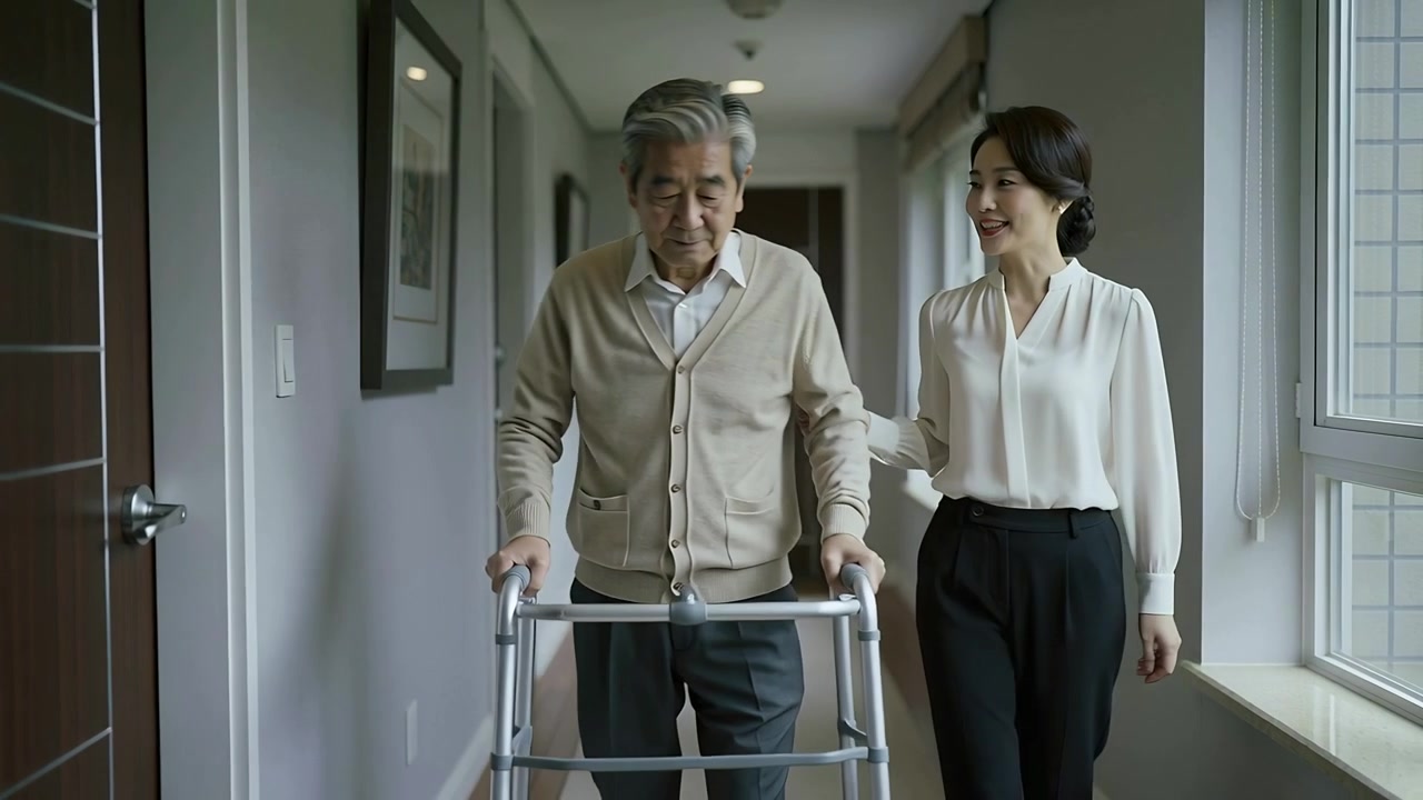 Walking Senior Asian man in beige cardigan gripping walker down narrow hall after woman encouraging