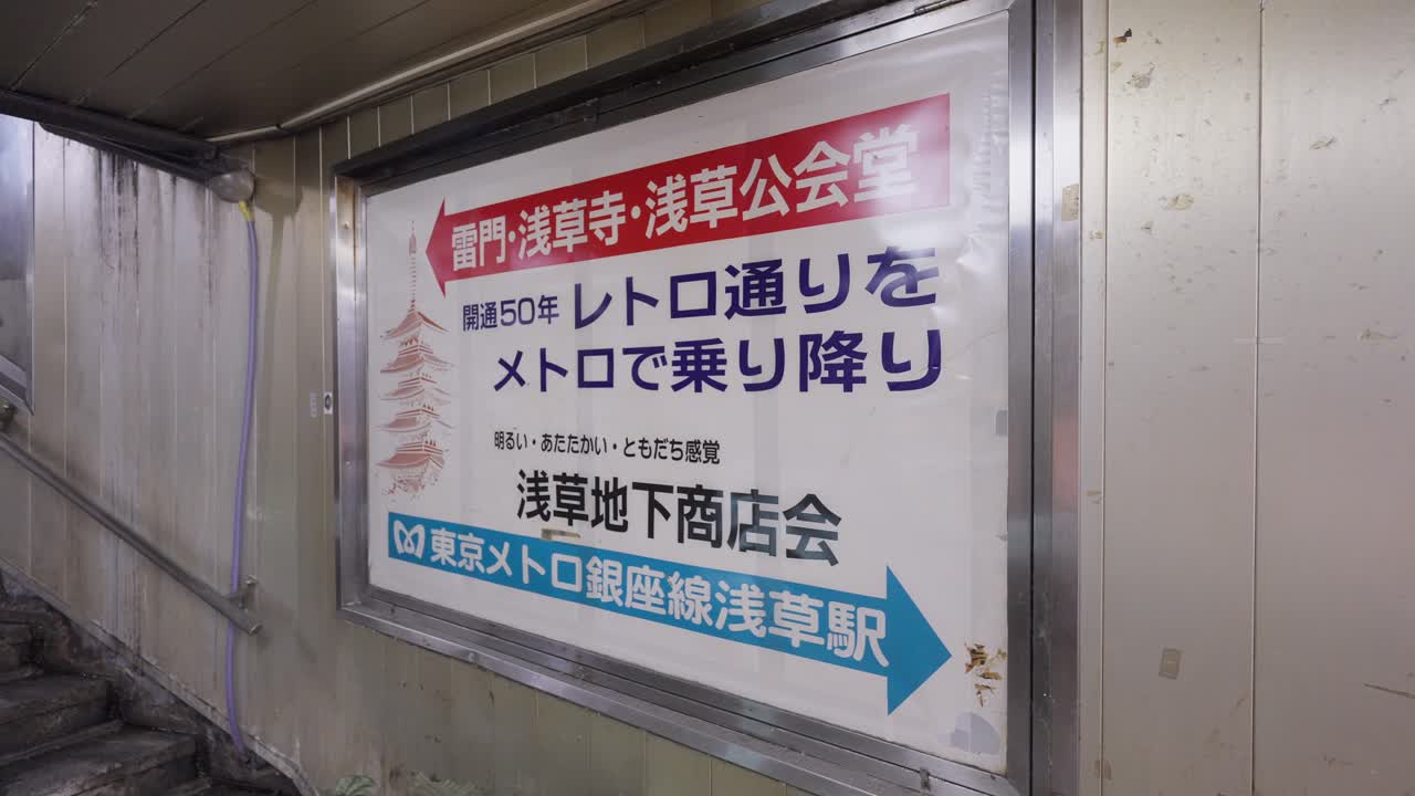 A retro-style sign at Asakusa Station directs people to the underground shopping arcade and nearby attractions