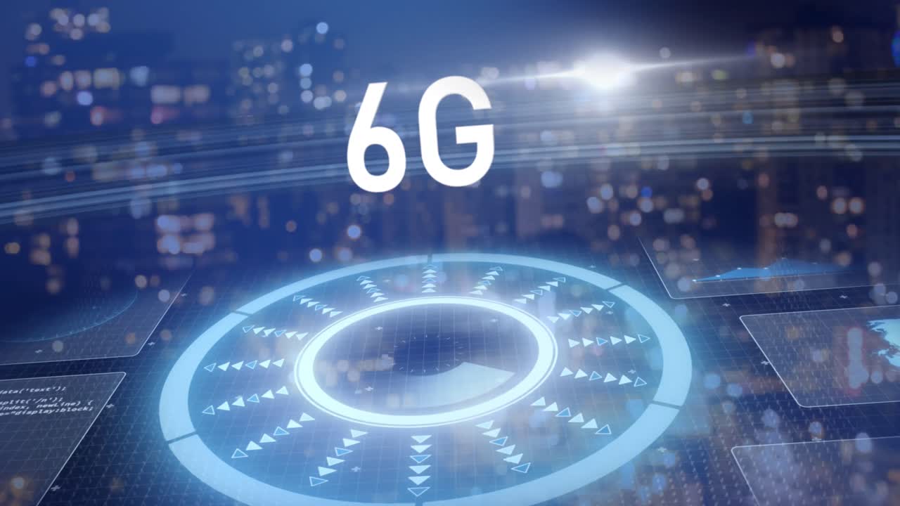 6g 텍스트의 애니메이션, 데이터 처리 및 스크린과 함께 범위 스캔