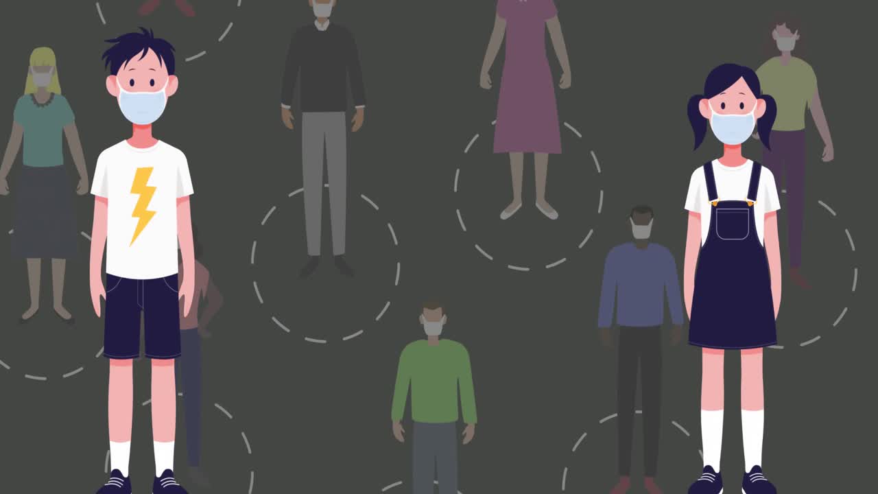 얼굴 마스크를 쓴 소년과 소녀 아이콘이 회색 배경에 사회적 거리를 유지하고 있습니다.