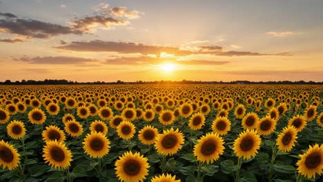 stunning sunrise over a vast field of sunflowers, bathed in golden light and stretching to the horizon, capturing the beauty of nature's bounty at dawn
