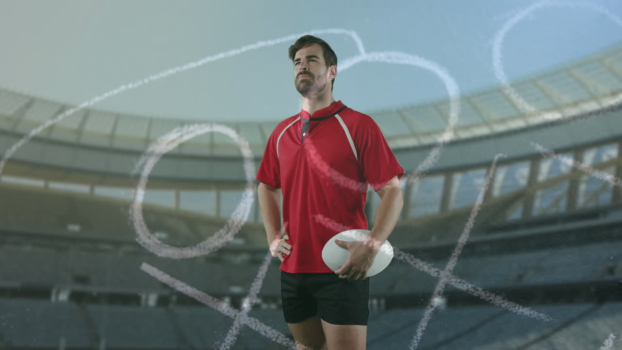 animación del plan de posición sobre el hombre caucásico con una pelota de rugby en el estadio