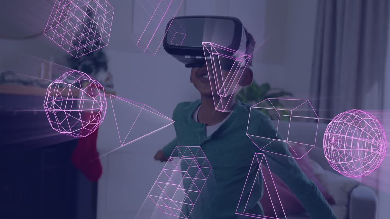 Animation of glowing 3d shapes over african american boy using vr headset
