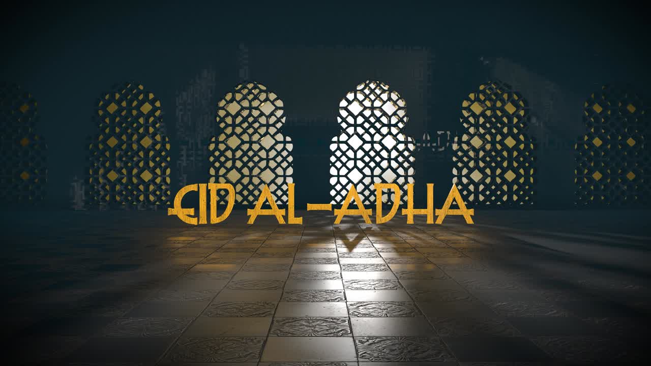 eid al-adha ramadán kareem saludo de la ventana de la mezquita islámica 3d título render