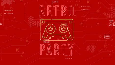 animation of retro music text and cassette over red background