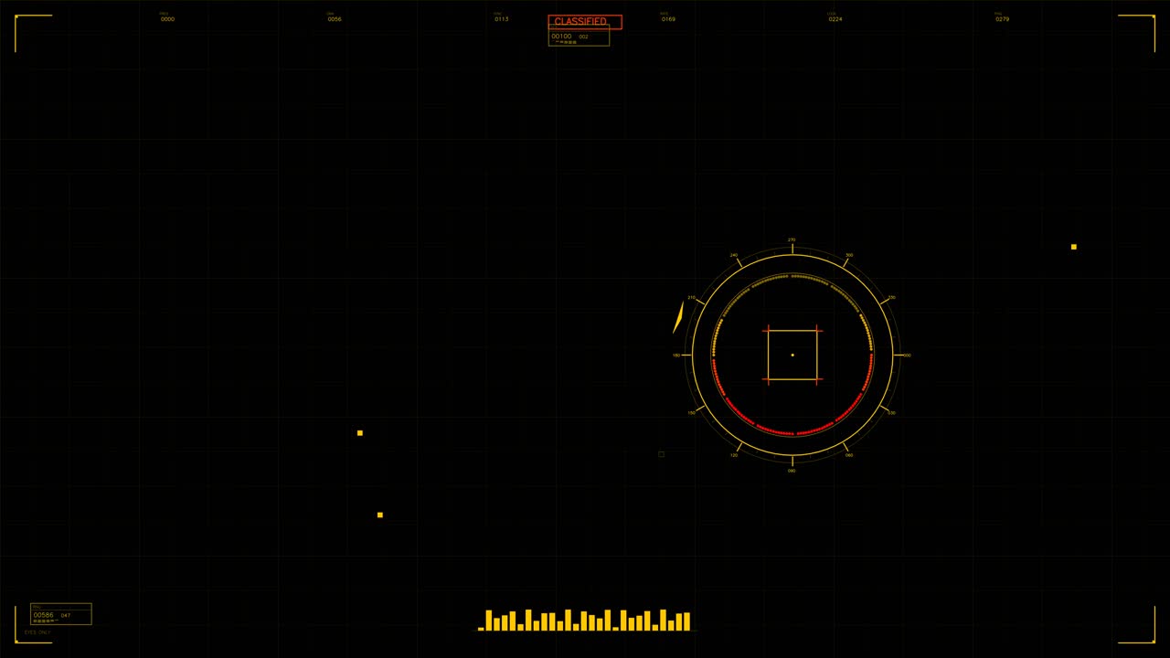 A military HUD animation designed for sci fi videos. It displays targeting data, tracking systems, and digital readings against a dark background