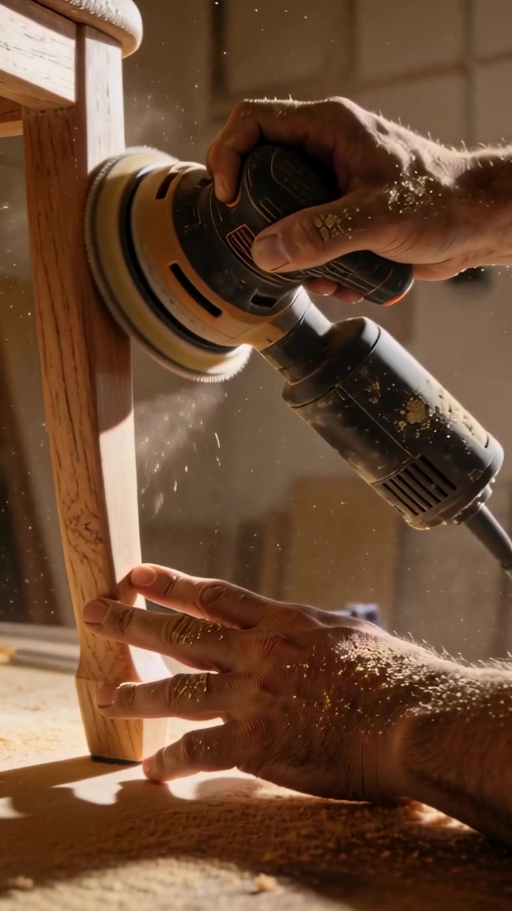 Vertical video: Pressing sander, woodworker sanding chair leg on workbench, steadying with forearms
