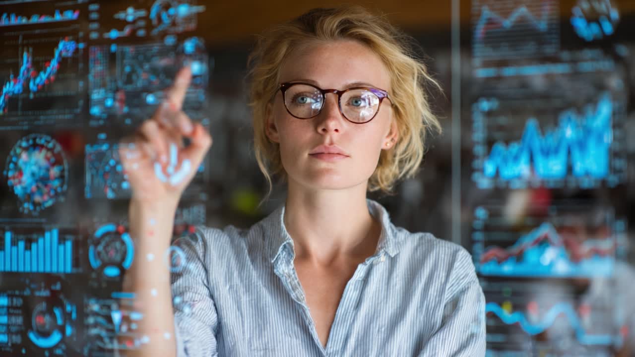 A focused woman interacts with futuristic data displays, analyzing digital graphs and statistics, showcasing modern technology and innovation in data visualization and analytics