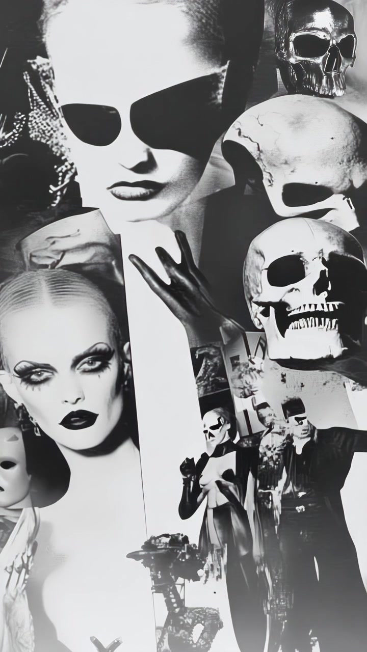 Surrealistisk sort-hvid collage med kranier og edgy mode.