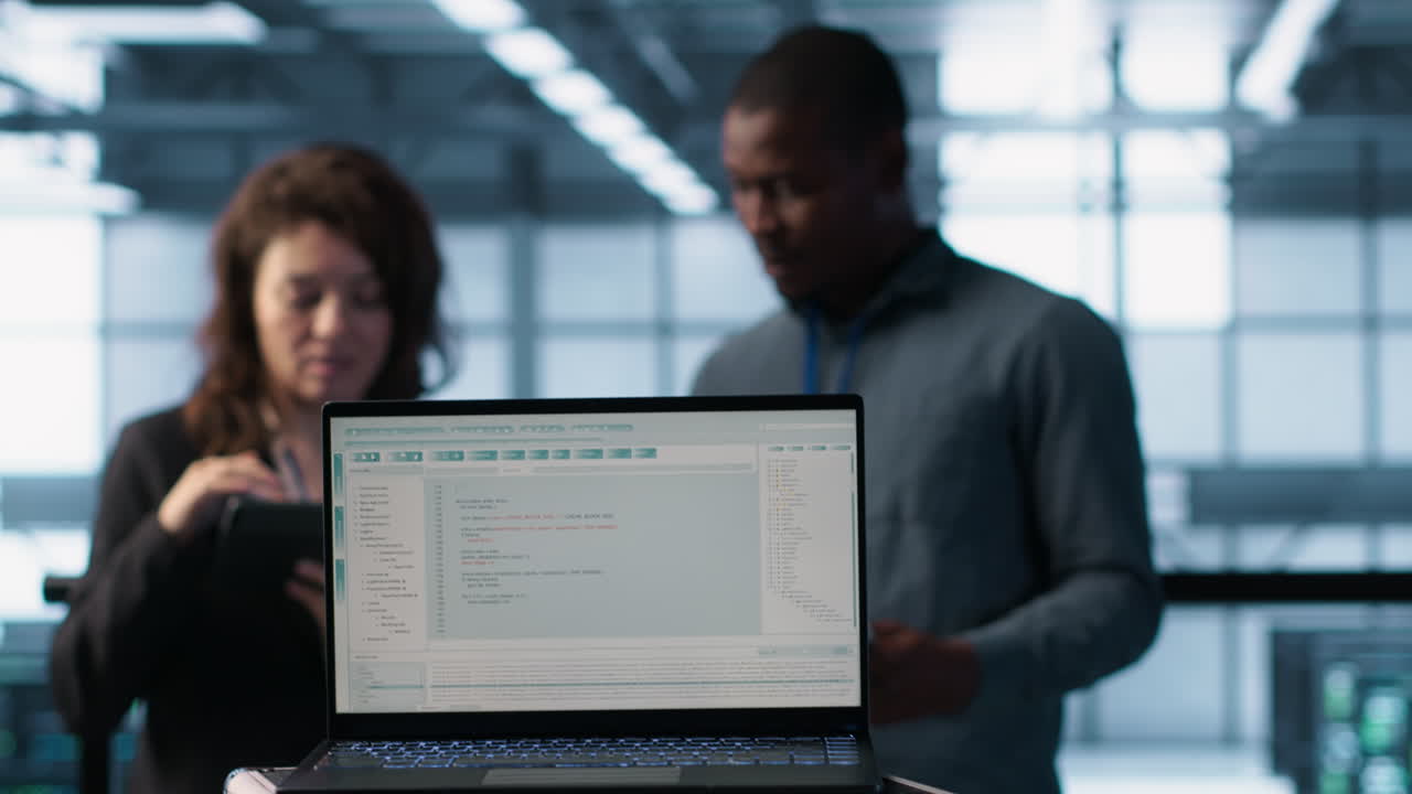 Programming language on notebook used by server room IT experts, close up