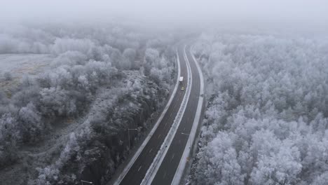 coches que viajan por una autopista de dos carriles en un paisaje invernal en suecia, antena