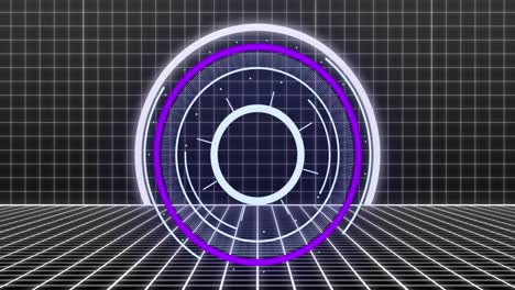 Animation-of-digital-interface-showing-circular-scope-scanning-with-white-grid-moving-on-black-backg