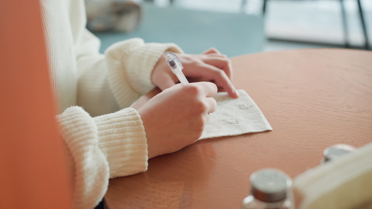 Close up of hands sketching creative doodles on napkin using pen at bright cafe table, soft lighting enhances cozy atmosphere, casual scene suggests spontaneous artistic moment