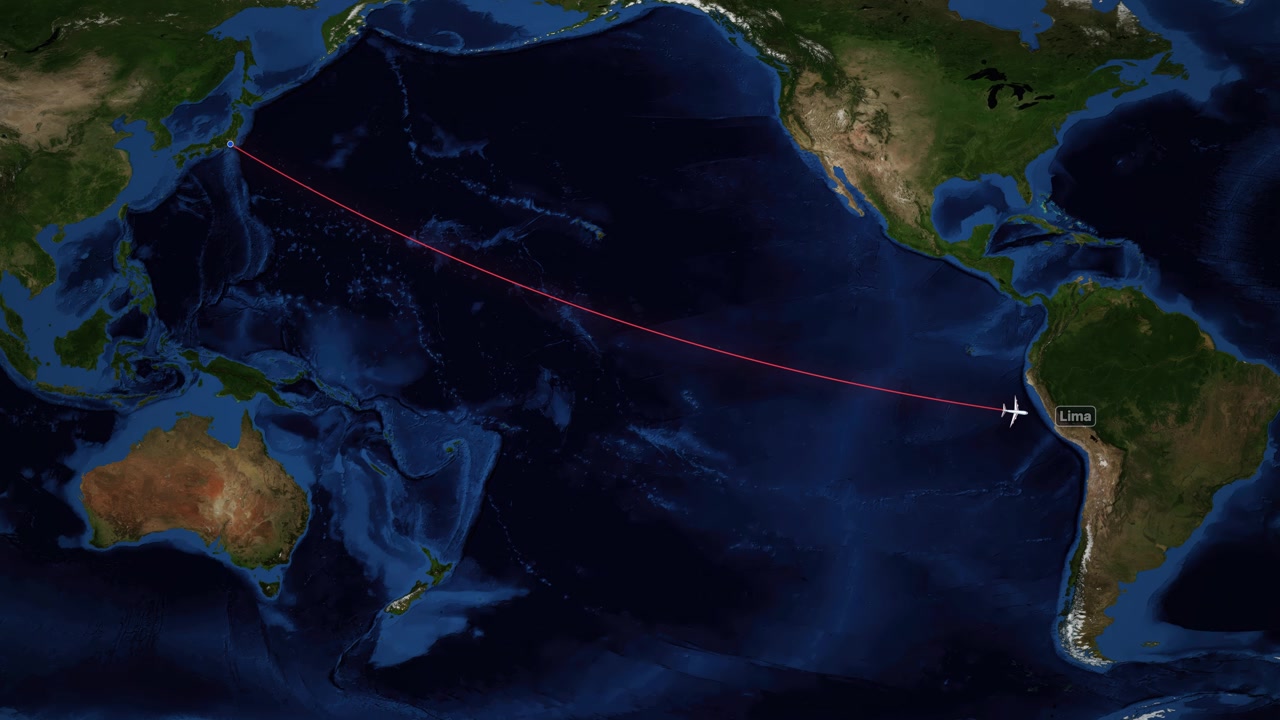 Satellite world map animation tracks a commercial airplane flying from Tokyo to Lima Peru