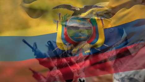 animation of flag of equador over diverse male soldiers