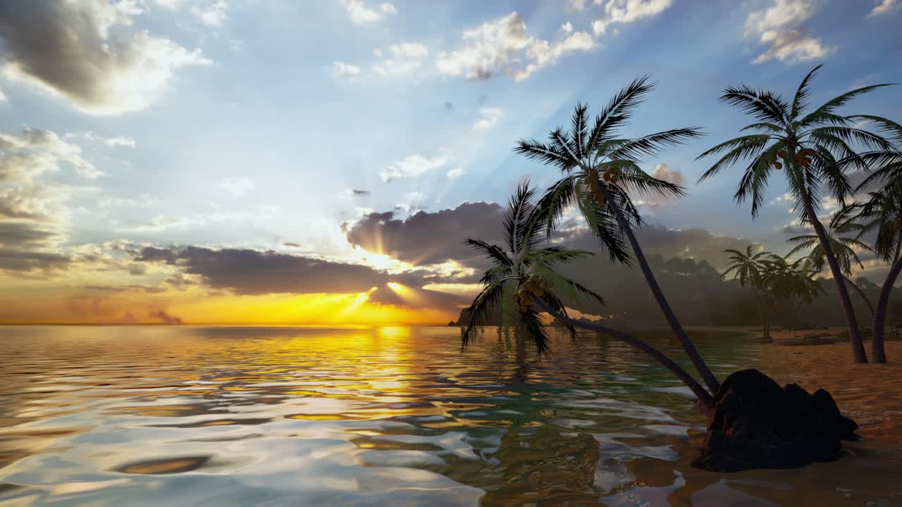 Sunrise On Tropical Island Sea Beach, Calm Ocean Sunset, Morning Dawn Panorama Landscape, Palm Tree Leaves Silhouette, Yellow Sun Reflection