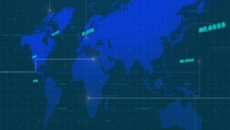 Estelas-De-Luz-Y-Múltiples-Números-Cambiantes-En-El-Mapa-Mundial-Sobre-Fondo-Azul.