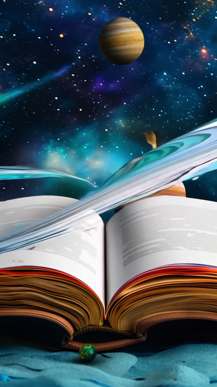 A book is open to a page with a blue sky and planets. The book is titled "The Universe"