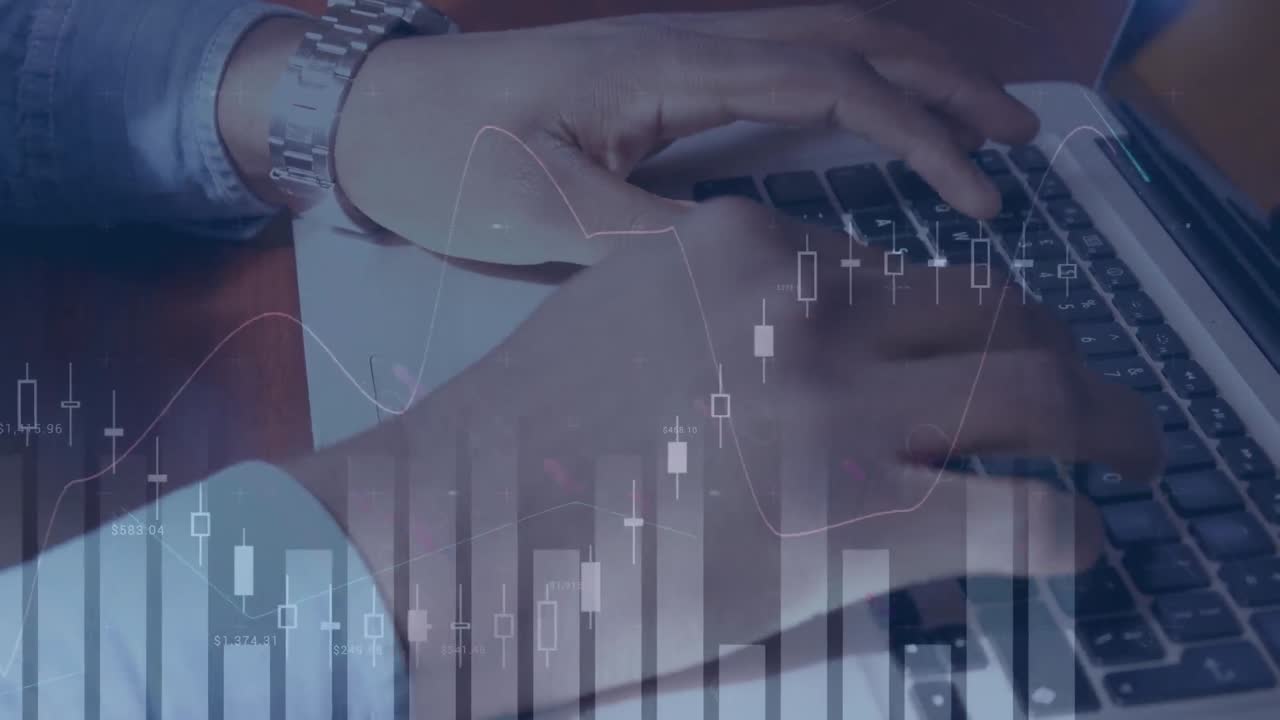 Animation of financial data and graphs moving over hands of biracial man using laptop