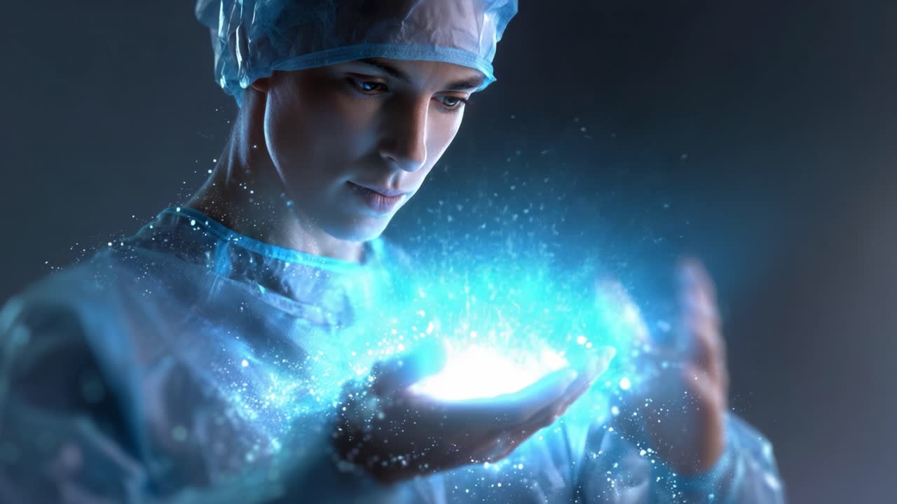 Um profissional de saúde em trajes cirúrgicos se concentra em uma esfera de energia mágica e brilhante, mostrando as maravilhas da ciência e da inovação na medicina