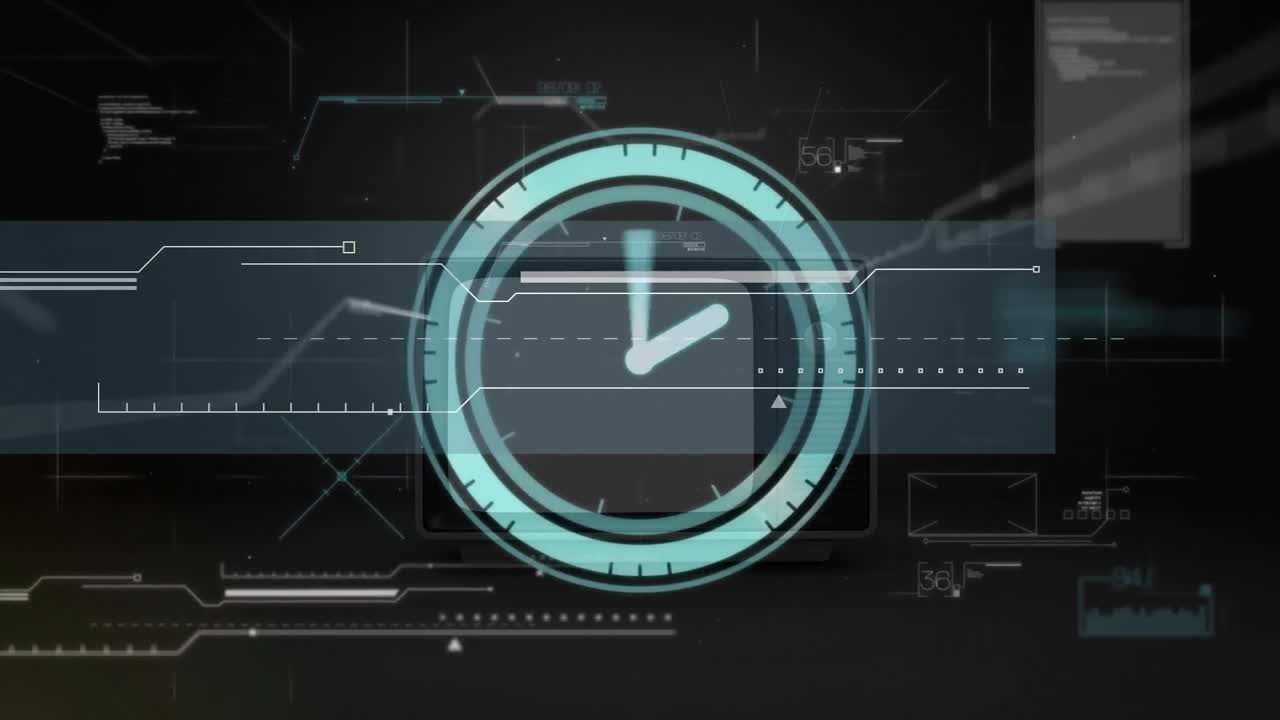 Animation of clock ticking over data processing on black background