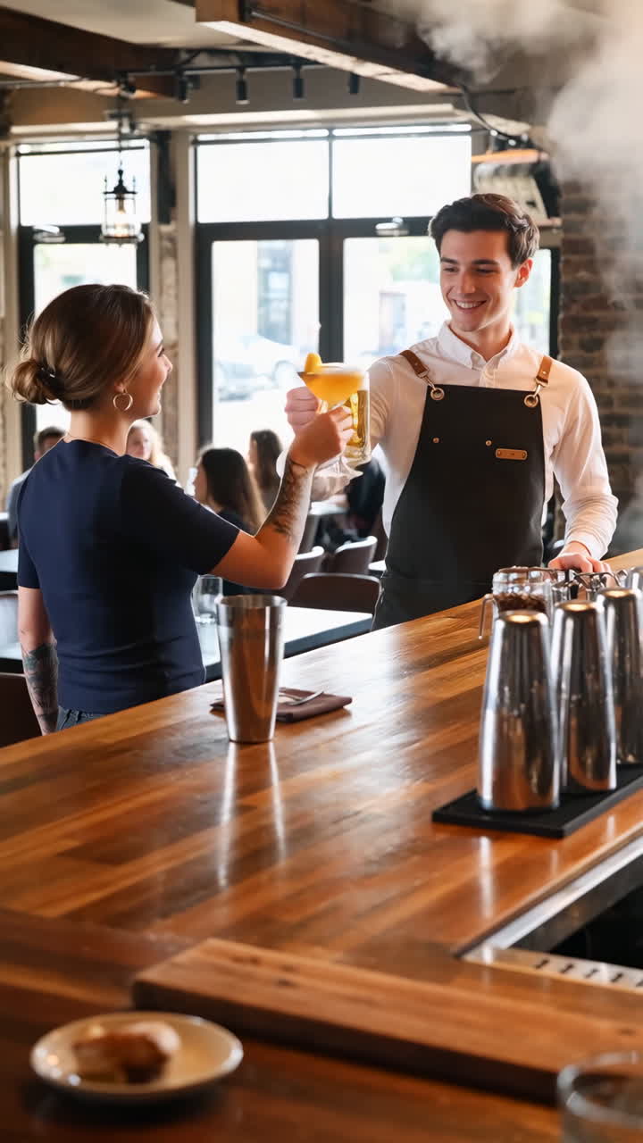 Bartender serving drinks to a customer at a bar