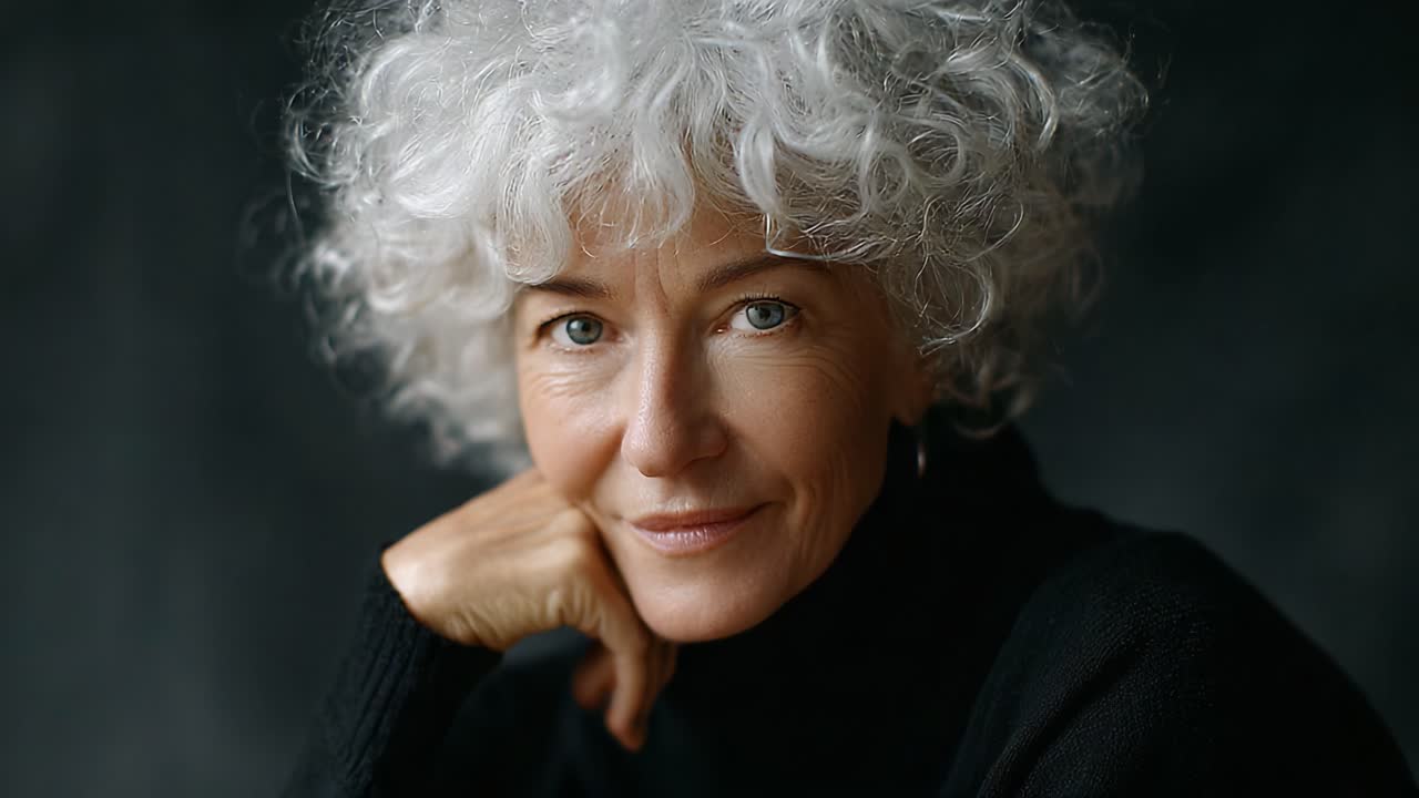 A Captivating Journey Through Expressions: A Woman with Beautiful Curly Hair Showcases a Range of Emotions from Thoughtfulness to Joy in Two Striking Portrait Frames