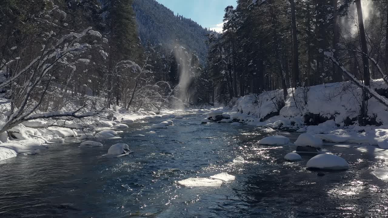 겨울의 아름다운 설경 숲. 눈으로 덮인 강과 소나무 위로 날아갑니다.