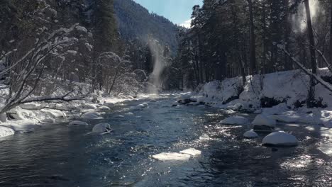 Beautiful-snow-scene-forest-in-winter.-Flying-over-of-river-and-pine-trees-covered-with-snow.