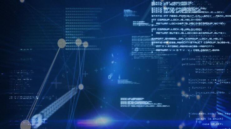 Animation of data processing and binary coding on blue background