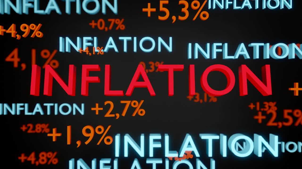 concepto de inflación con diferentes porcentajes y la palabra brillante inflación en el centro y varias veces en azul claro.