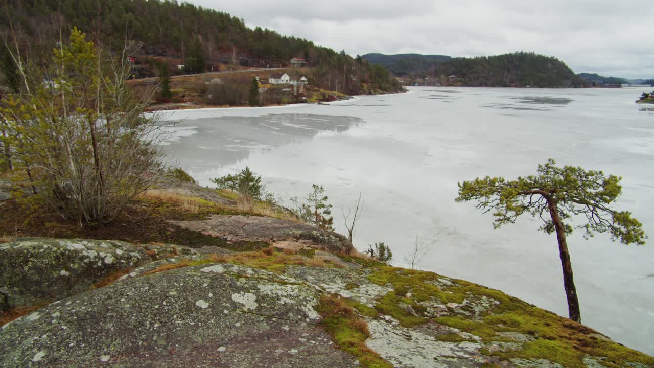 Statische Landschaft Vollsfjorden Norwegen Fjord Baum Felsen Moos Hügel Häuser Bewölkt Natur