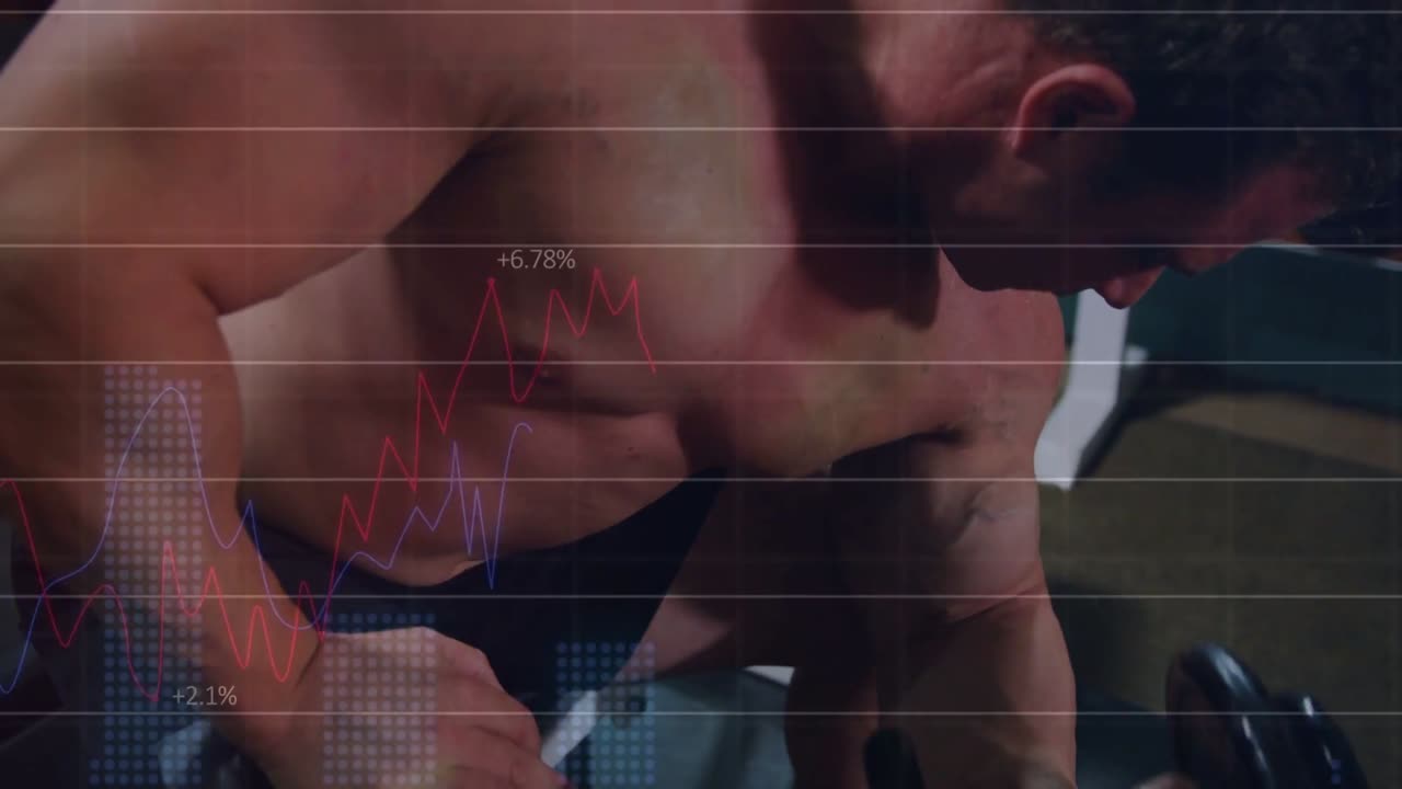 Mandlig vægtløfter griber håndvægt, spænder låret, udfører siddende biceps-curls i fitnesscenter, med overlays der sporer gentagelser
