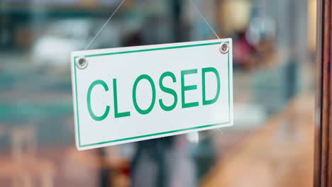 Closed-sign,-front-door-and-cafe-restaurant-woman