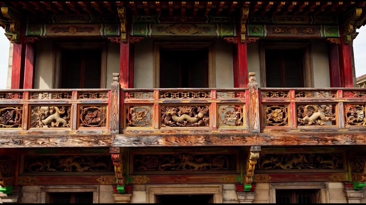Architecture chinoise traditionnelle présentant des sculptures sur bois complexes sur un balcon